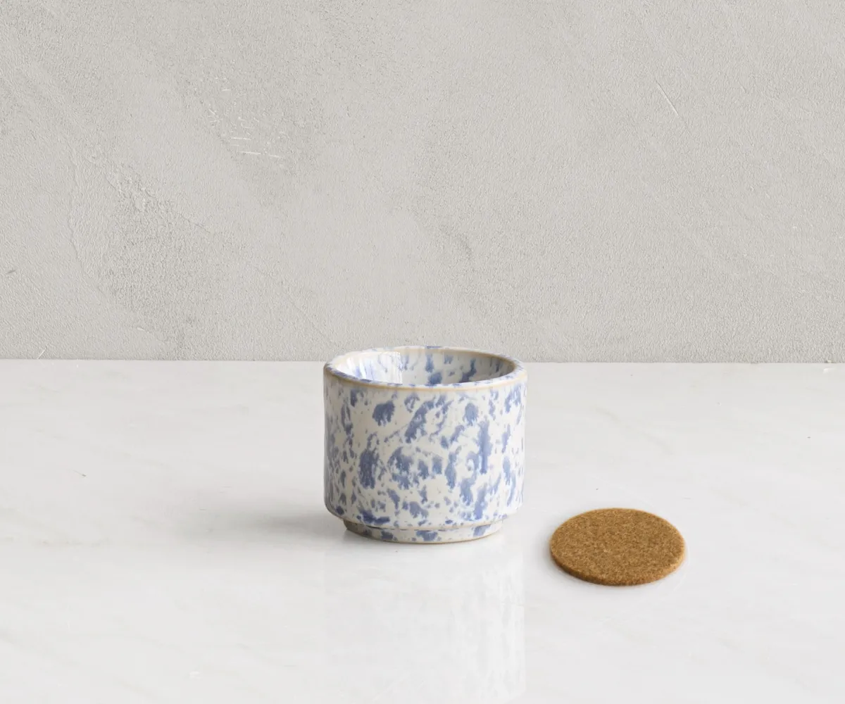 Keramische mini urn theelichthouder Helios wit & blauw gespikkeld 2