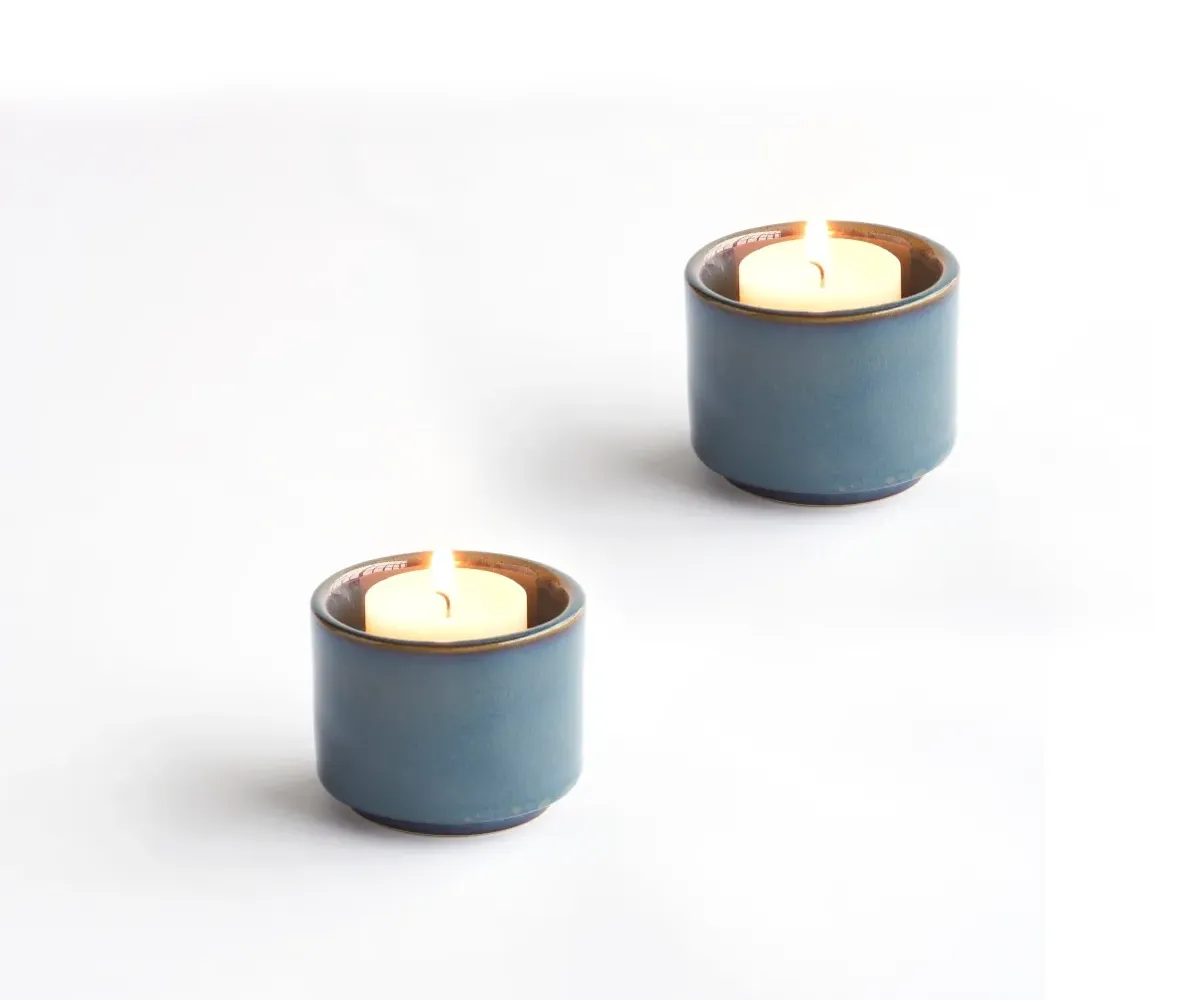 Keramische mini urn theelichthouder Helios groen & blauw set van 2