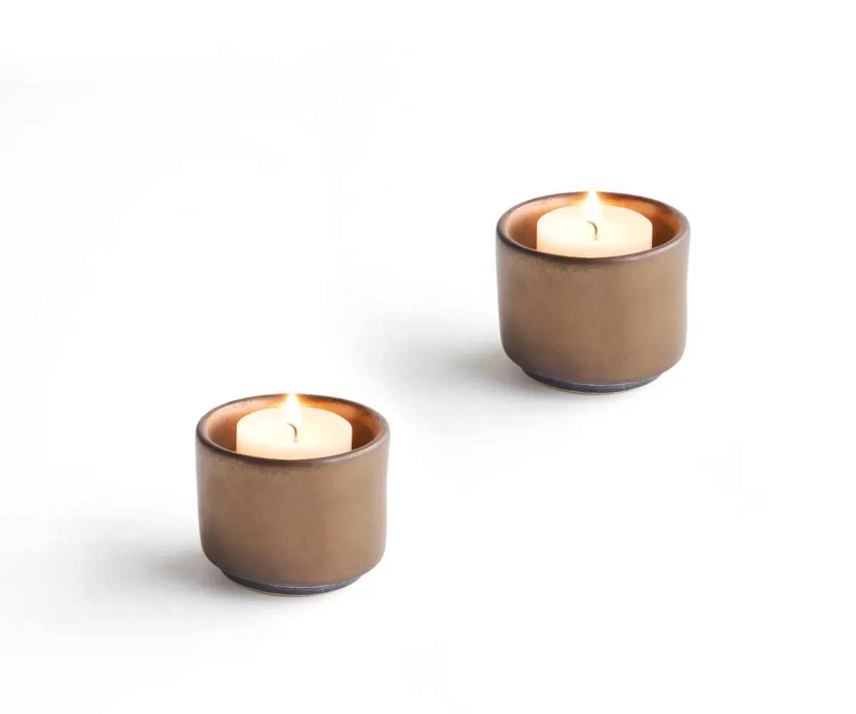 Keramische mini urn theelichthouder Helios koperkleurig set van 2